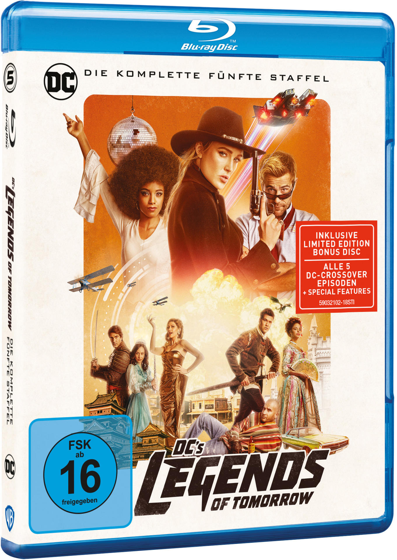 Blu-ray-Disc-Cover mit Schauspielern aus der Serie Legends of Tomorrow. Blaue Hülle.