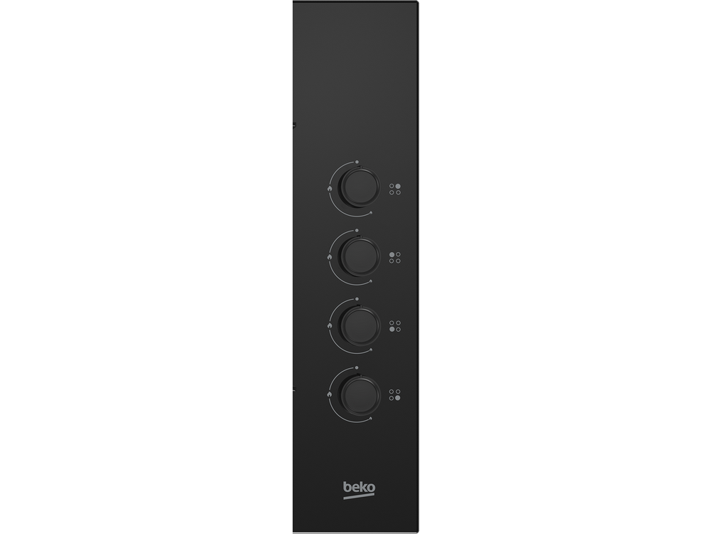 Panel de control negro de un electrodoméstico con cuatro mandos circulares.