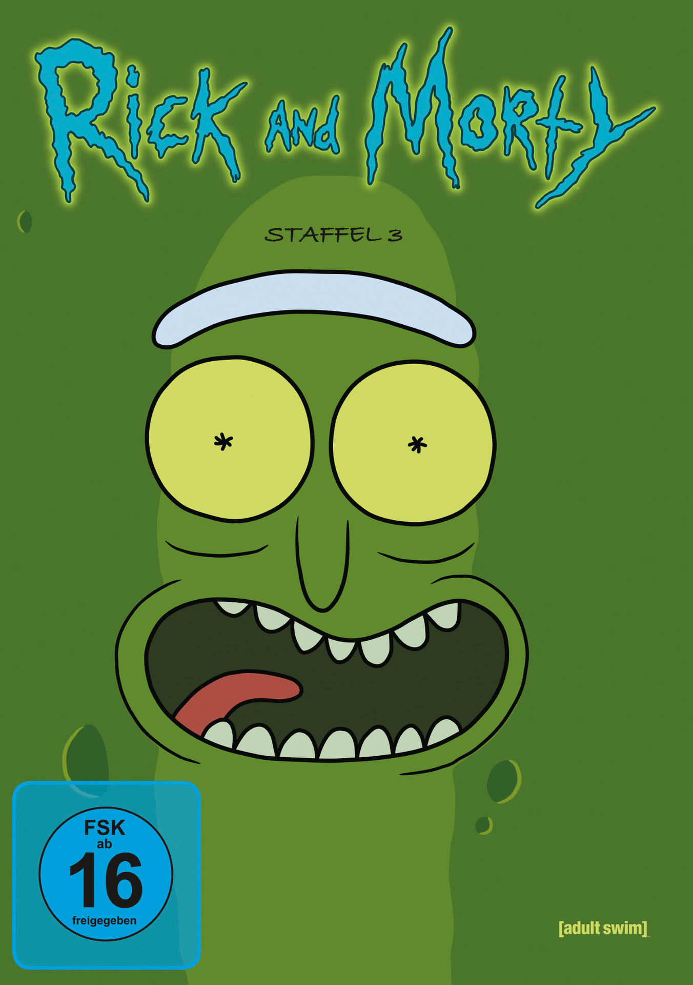 "Rick and Morty" Staffel 3 DVD-Cover. Zeigt Ricks Gesicht mit offenem Mund und grünem Hintergrund.