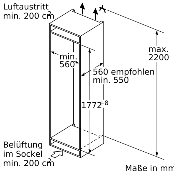 Ein Diagramm mit Abmessungen mit Pfeilen und Zahlen, in einem Schrank.
