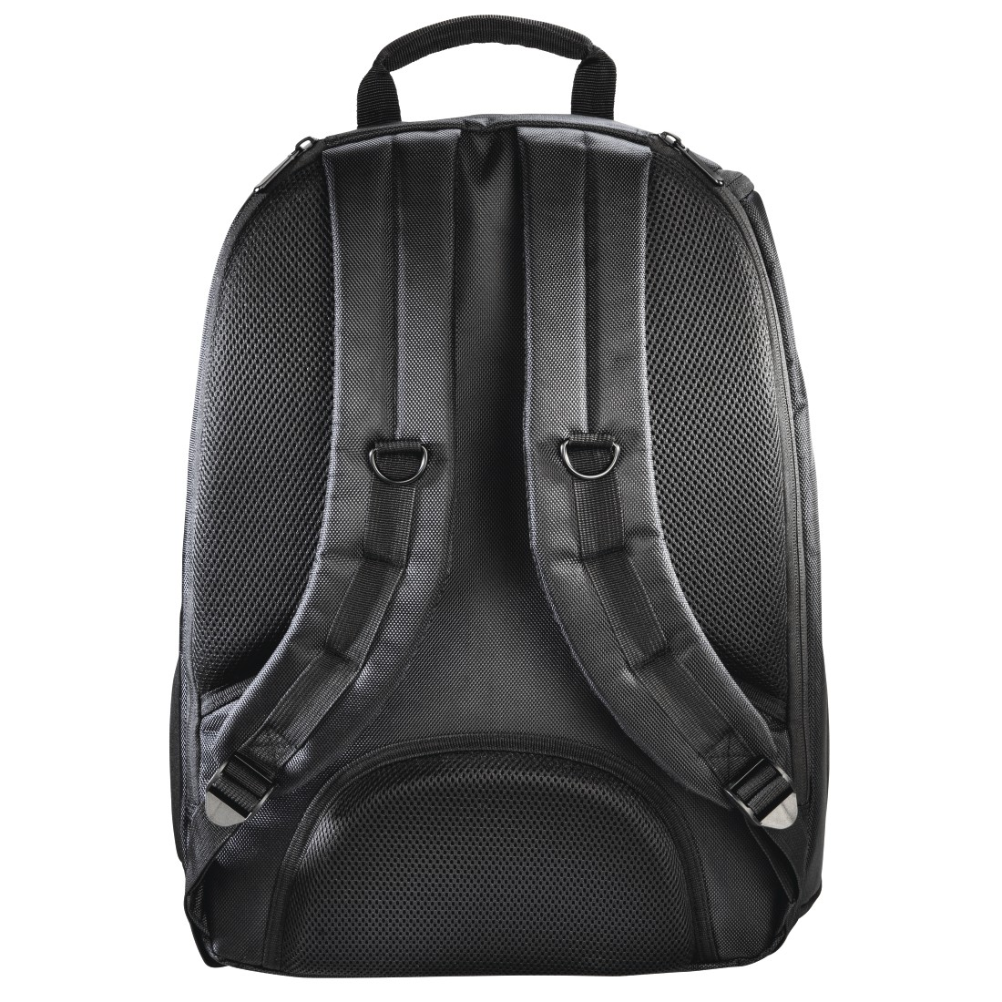 Die Rückseite eines schwarzen Rucksacks mit Trägern und Polsterung wird gezeigt.