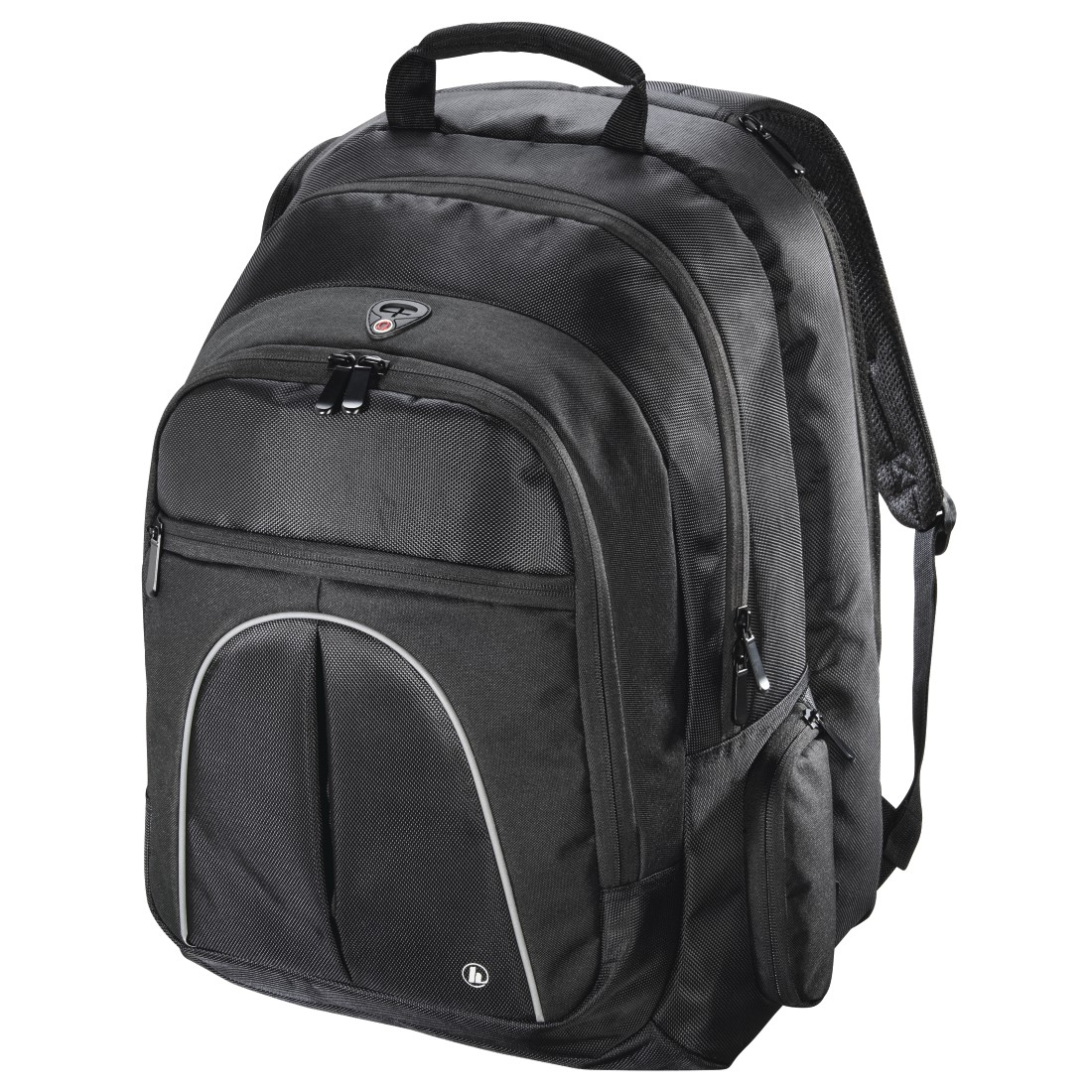 Ein schwarzer Rucksack mit mehreren Fächern und silberner Umrandung.