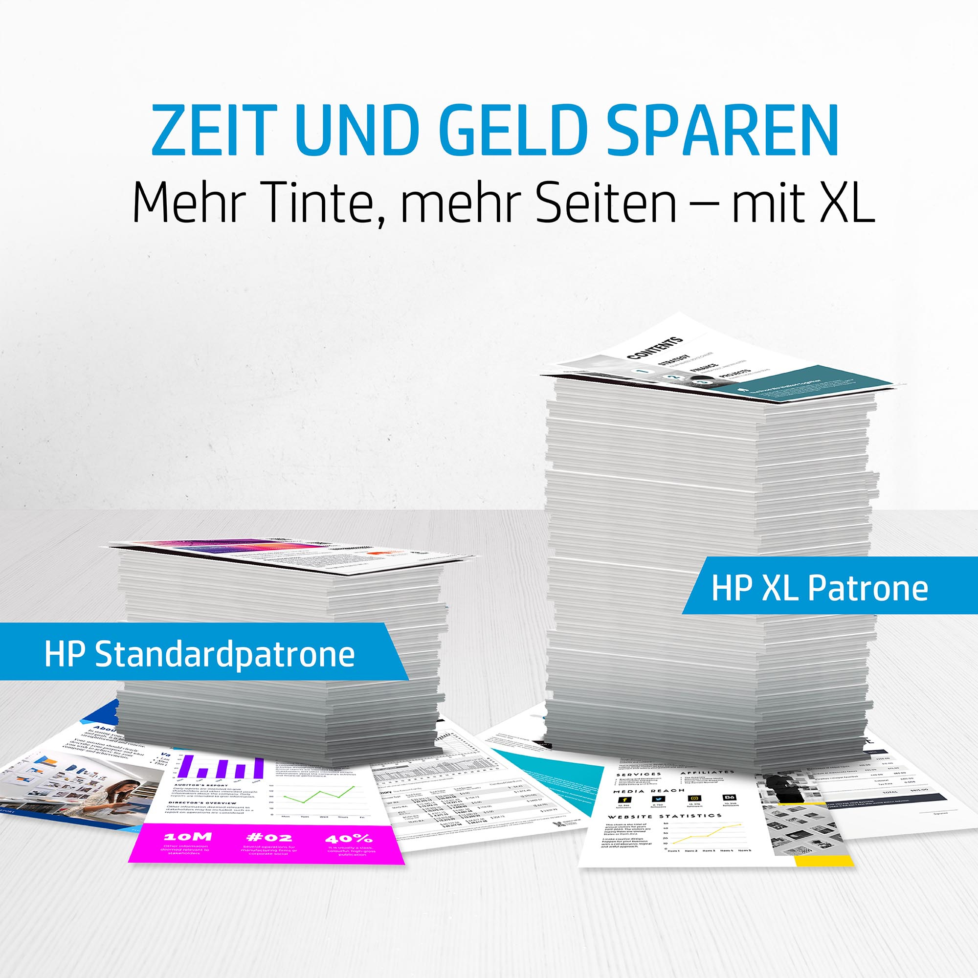 Das Bild zeigt zwei Papierstapel, einen kleineren mit einer Standardpatrone und einen größeren mit einer XL-Patrone.