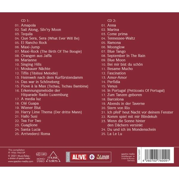 CD-Albumcover mit mehreren Titellisten in zwei Spalten.