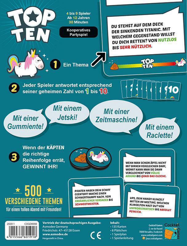 Das Top Ten Brettspiel Cover. Weißes Einhorn auf blauem Hintergrund. Karten und Text sind sichtbar.