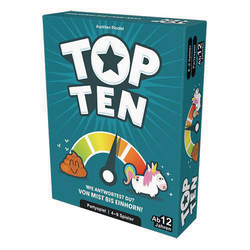 Top Ten Spielbox: Ein Punktezähler, ein Einhorn, ein Kackhaufen-Emoji und Text: Von Mist bis Einhorn!
