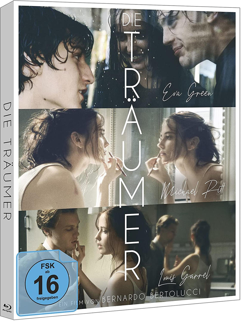 Filmcover mit Gesichtern von Schauspielern in verschiedenen Szenen. Titel: Die Träumer.