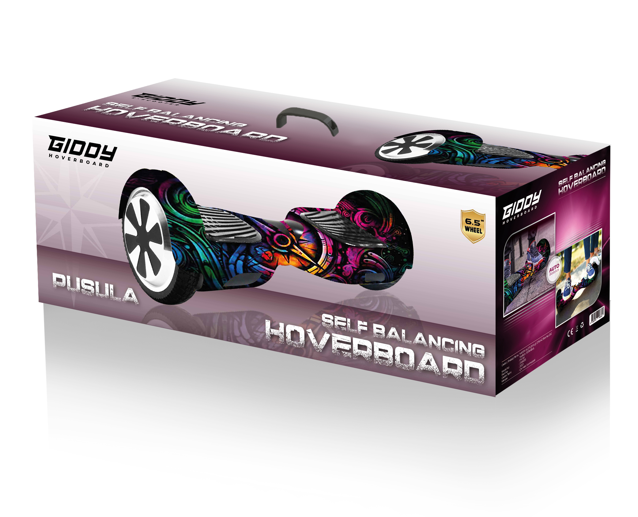 Renkli tasarım ve yan tarafta metin bulunan kutulu bir hoverboard.