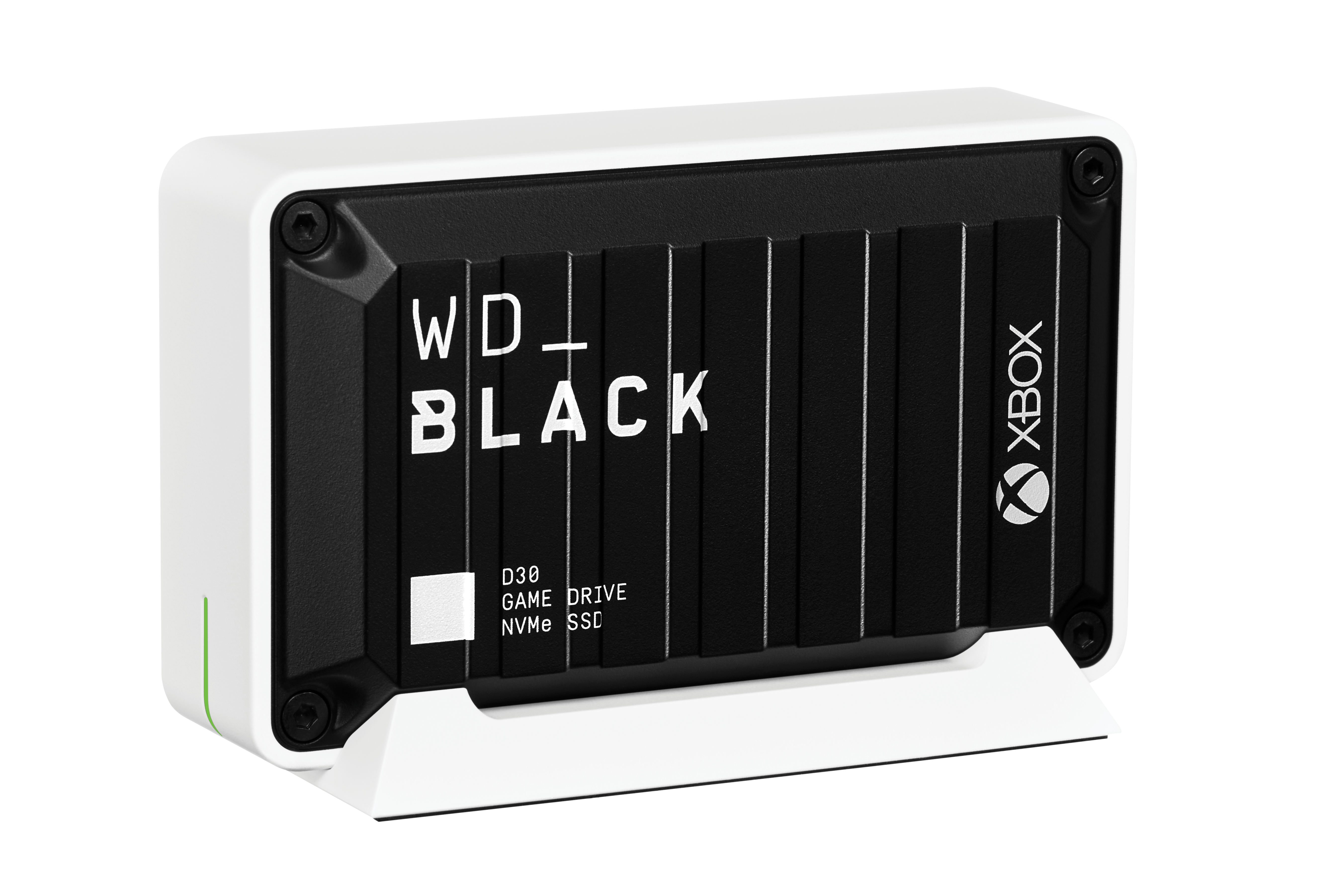 Eine schwarz-weiße WD_BLACK D30 Game Drive mit dem Xbox-Logo.