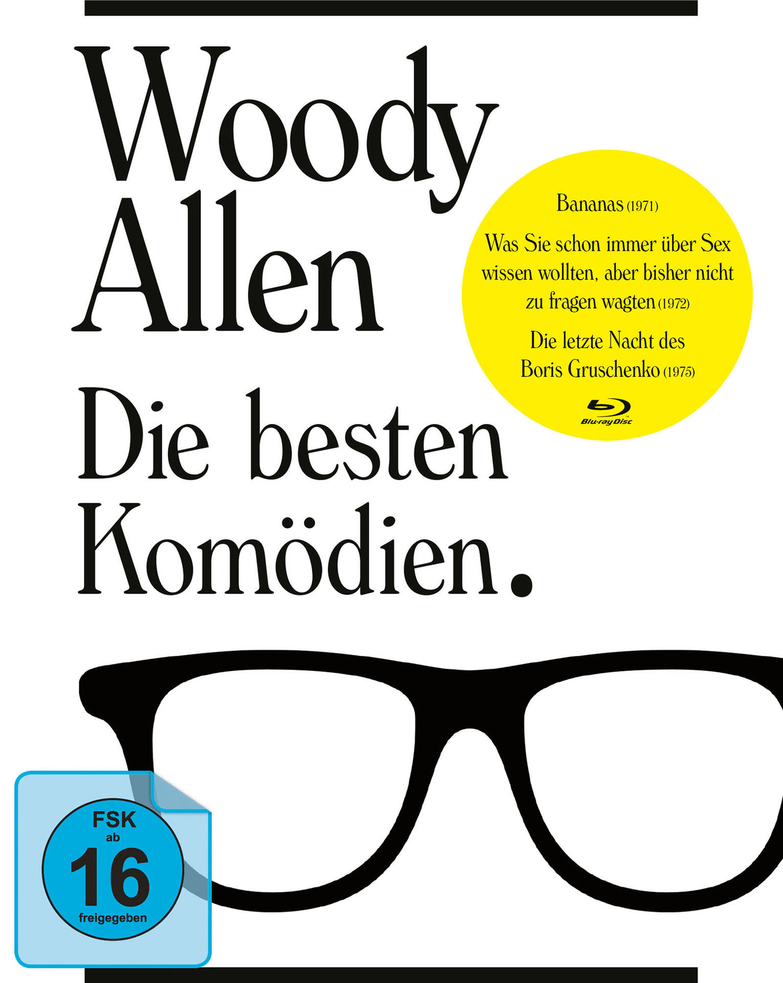 Filmcover mit Woody Allen und Brille. Titel: Woody Allen, Die besten Komödien. Altersfreigabe wird gezeigt.
