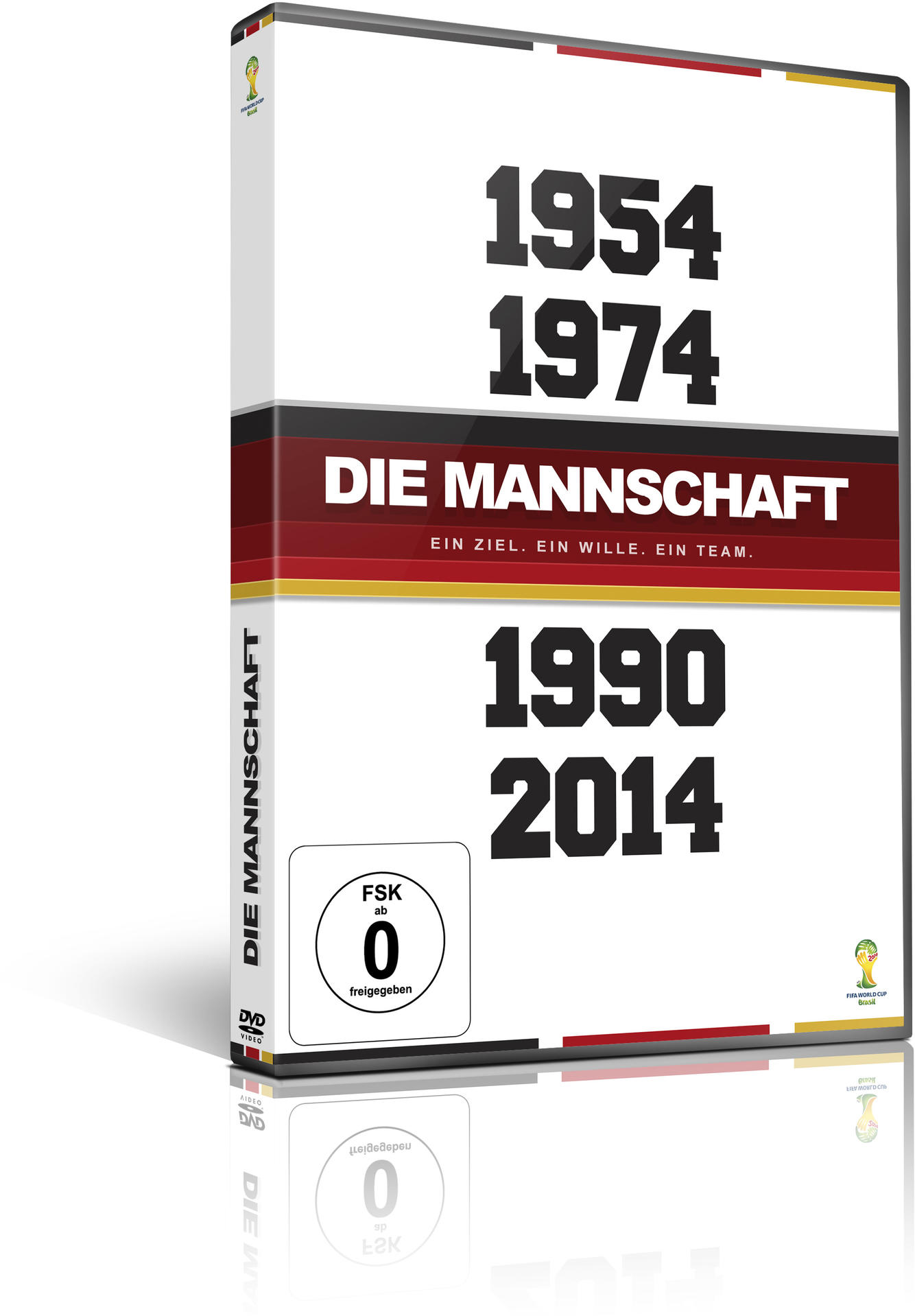 DVD-Hülle, schwarz-rotes Design, mit dem Titel: Die Mannschaft und den Jahren 1954, 1974, 1990, 2014.