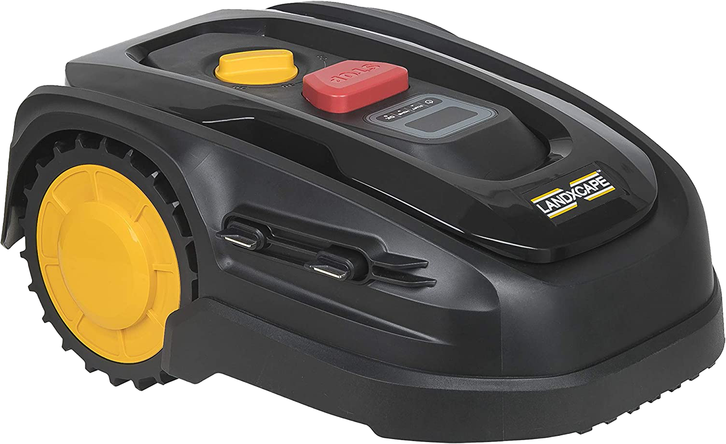 Fekete-sárga robotfűnyíró sárga kerékkel és piros stop gombbal.