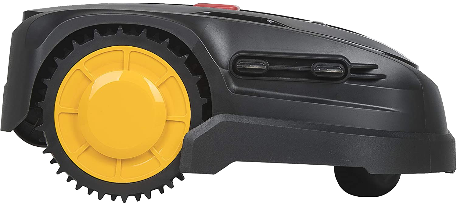 Fekete-sárga robotfűnyíró, kerek kerékkel.