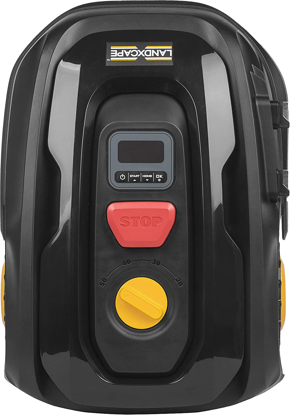 Egy fekete robotfűnyíró, vezérlőpanellel és egy nagy piros stop gombbal a tetején.