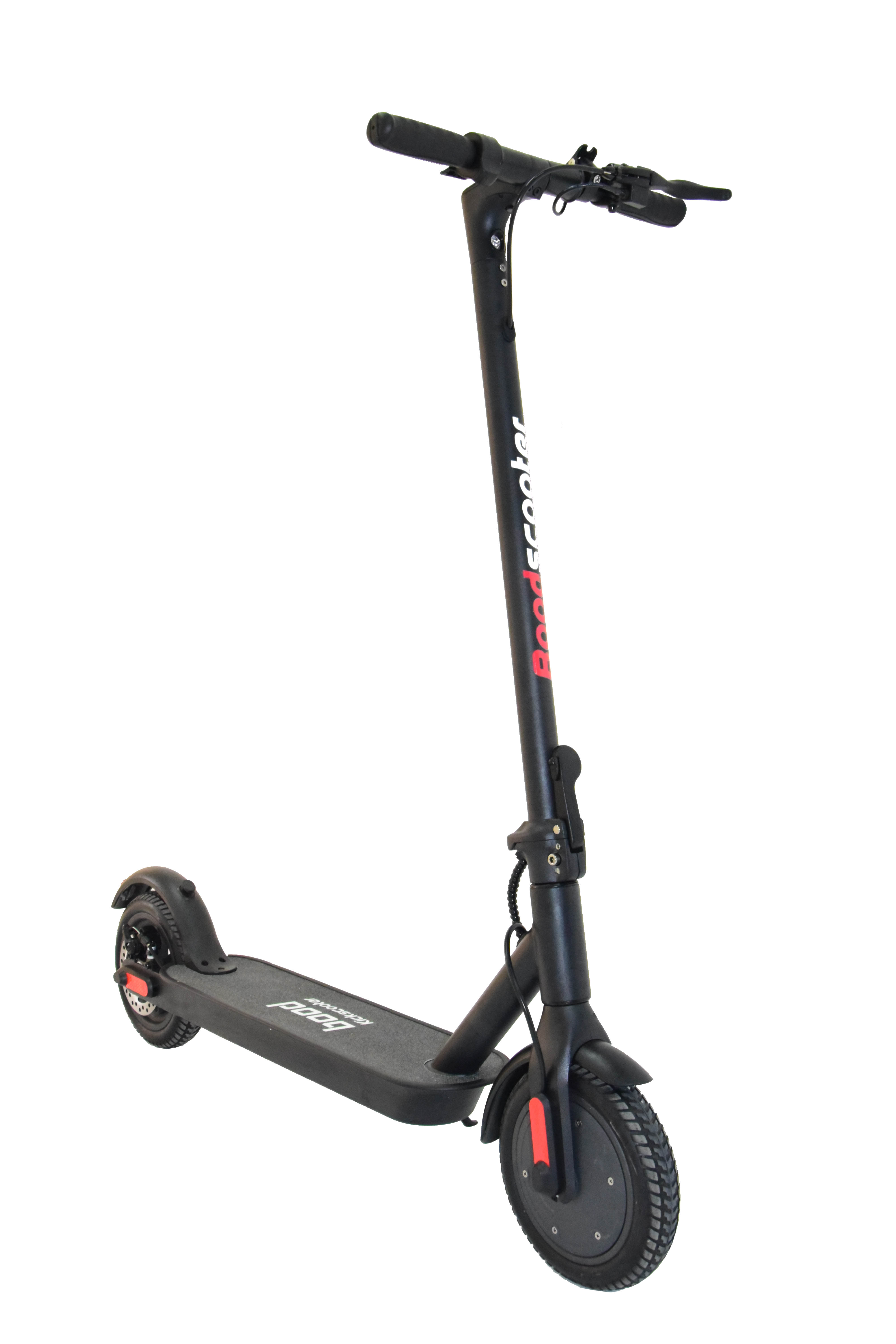 Siyah ve kırmızı scooter, siyah bir tutamağa ve beyaz zemin üzerinde iki tekerleğe sahip.