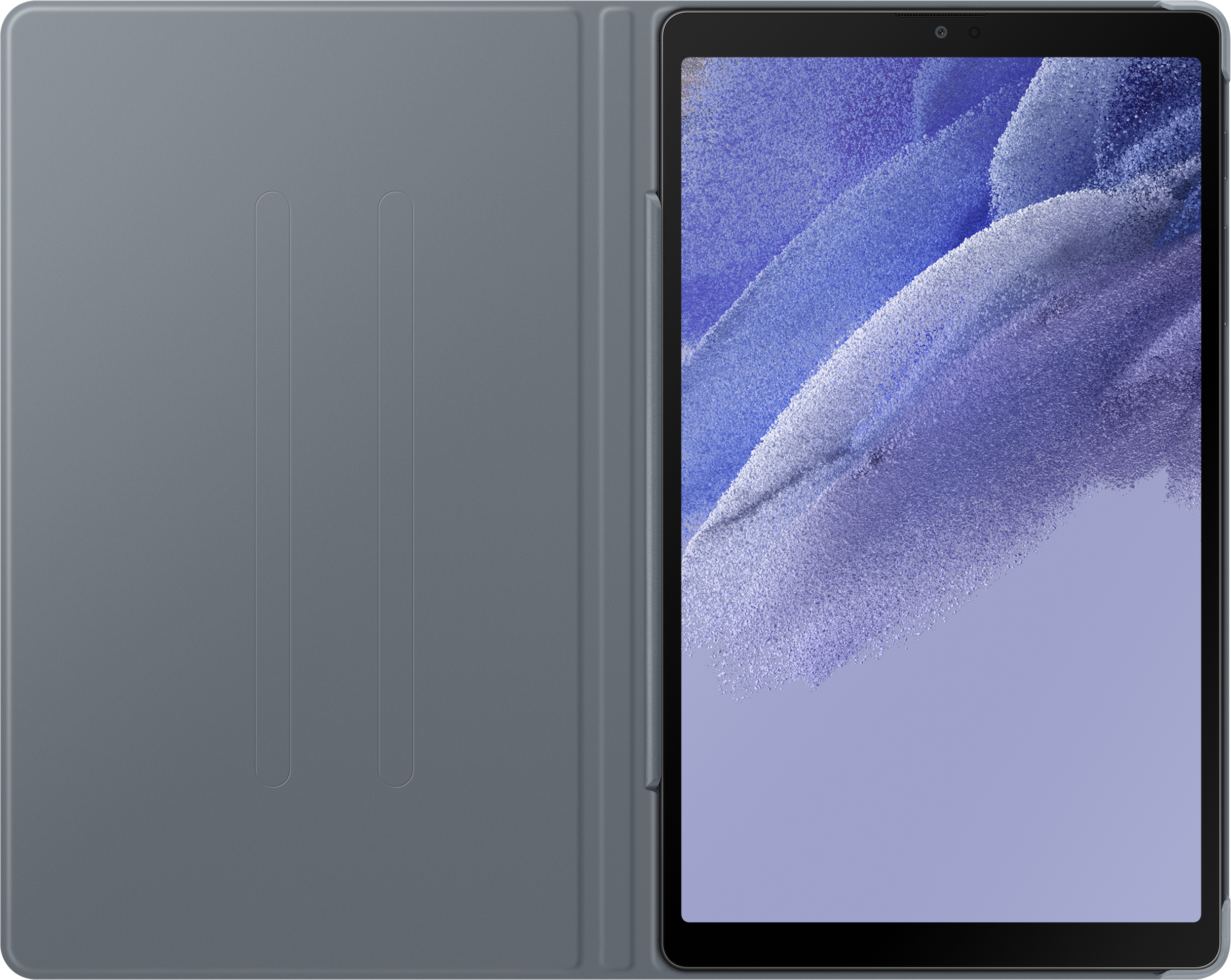 Une tablette, étui gris et écran affichant une image violette et bleue.