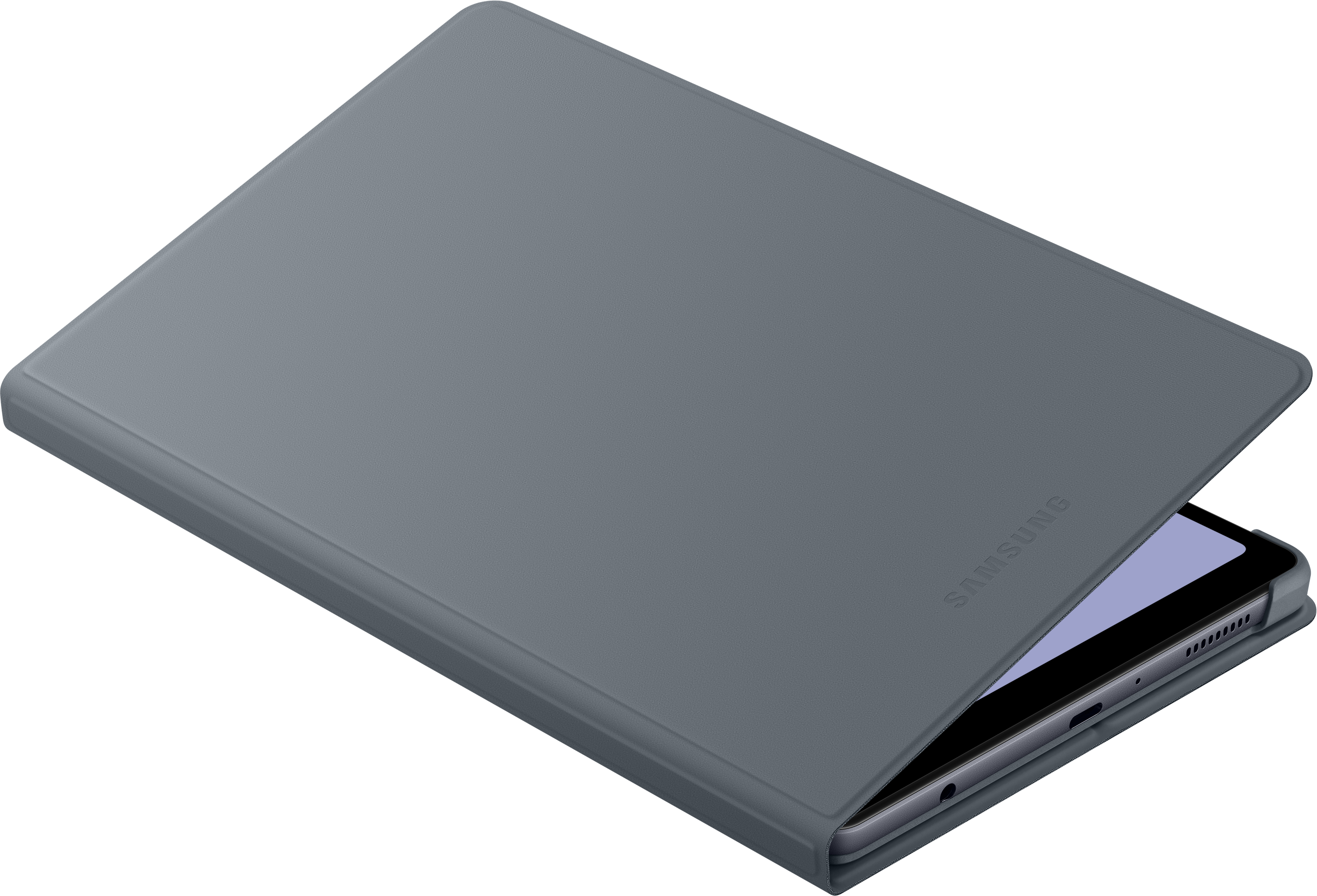 Une tablette grise dans un étui gris, partiellement ouverte. Le logo Samsung est visible.