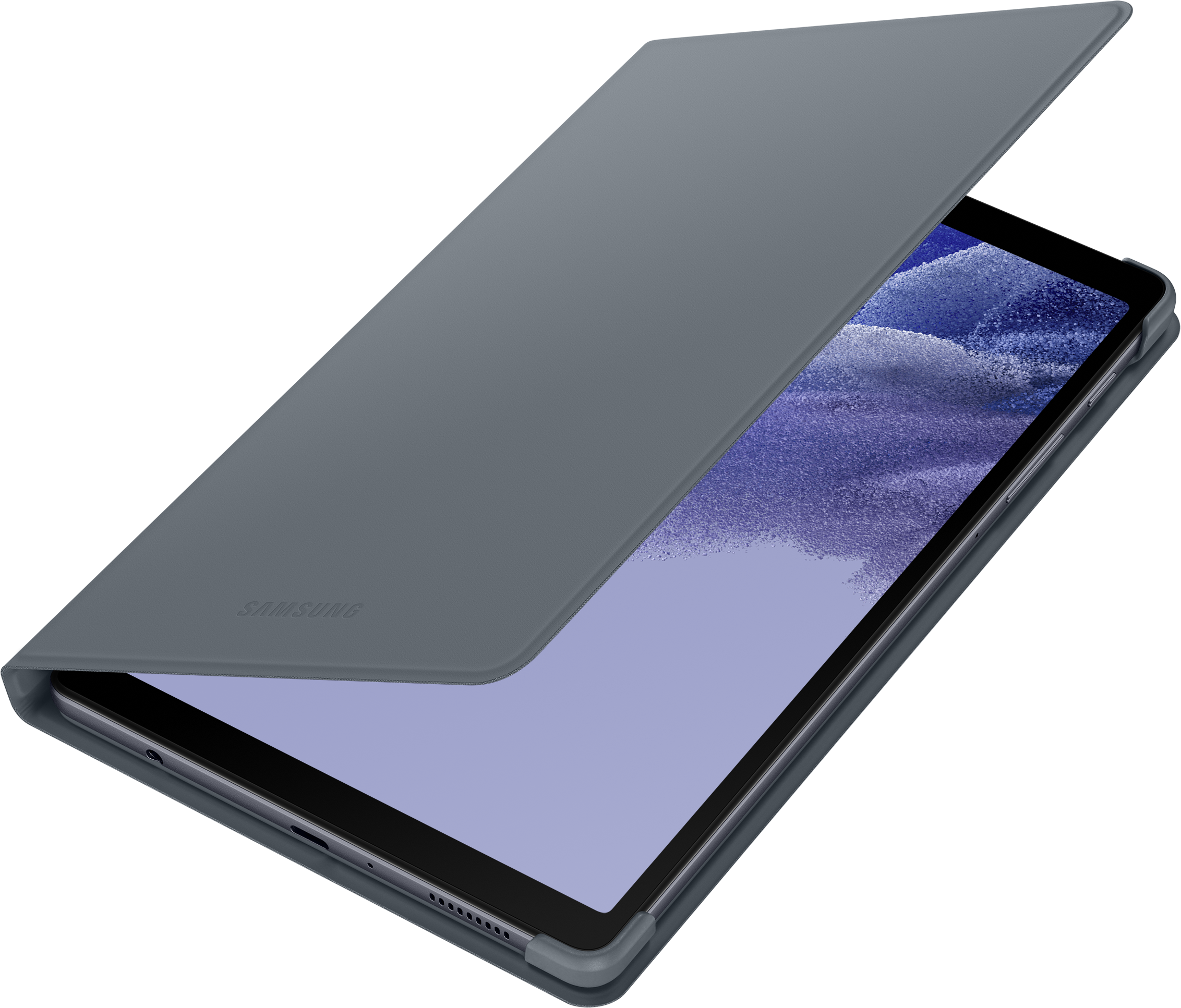 Une tablette grise dans un étui gris avec le couvercle partiellement ouvert, sur fond sombre.