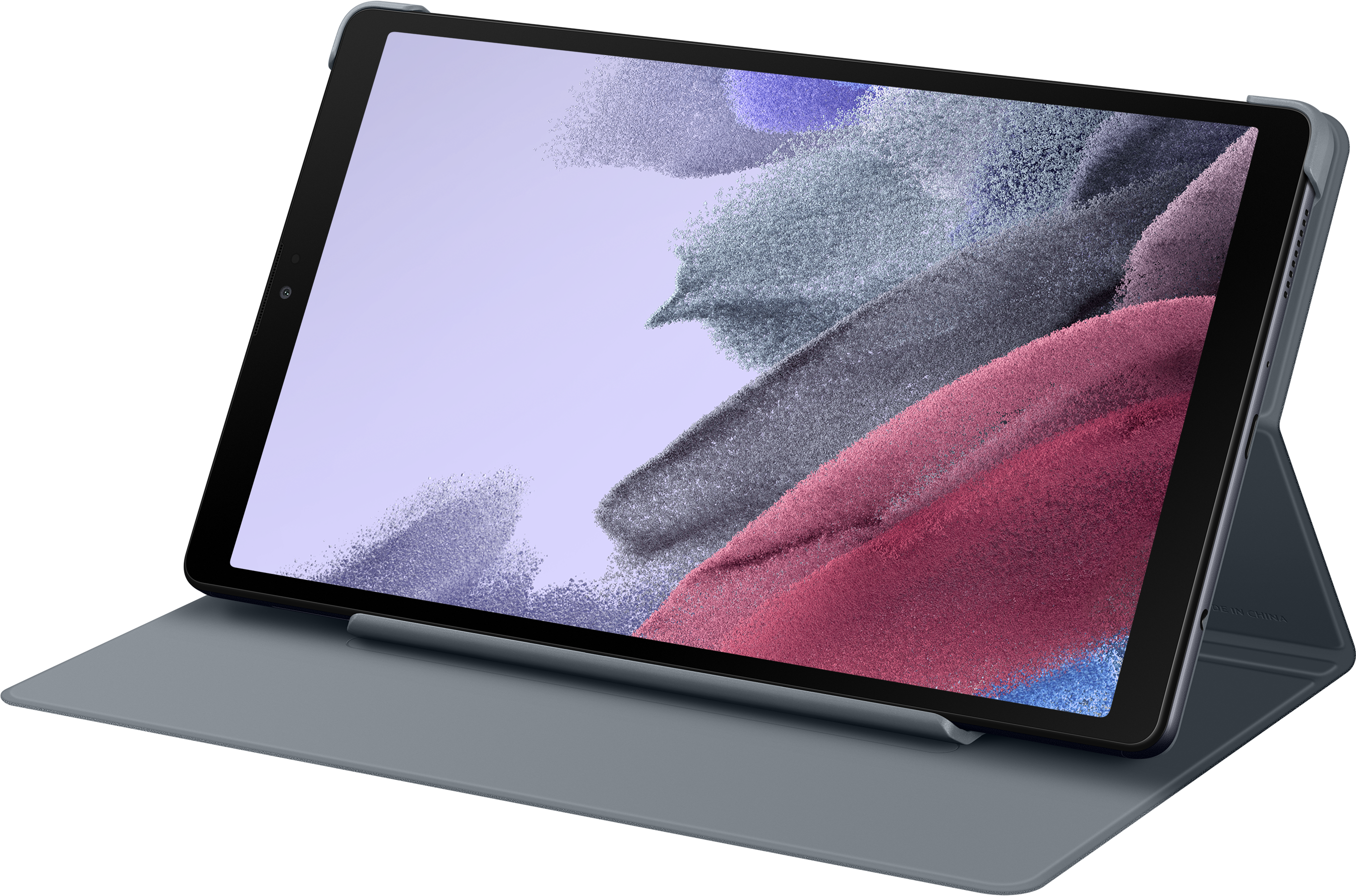 Tablette avec étui ouverte, affichant une image colorée à l'écran.
