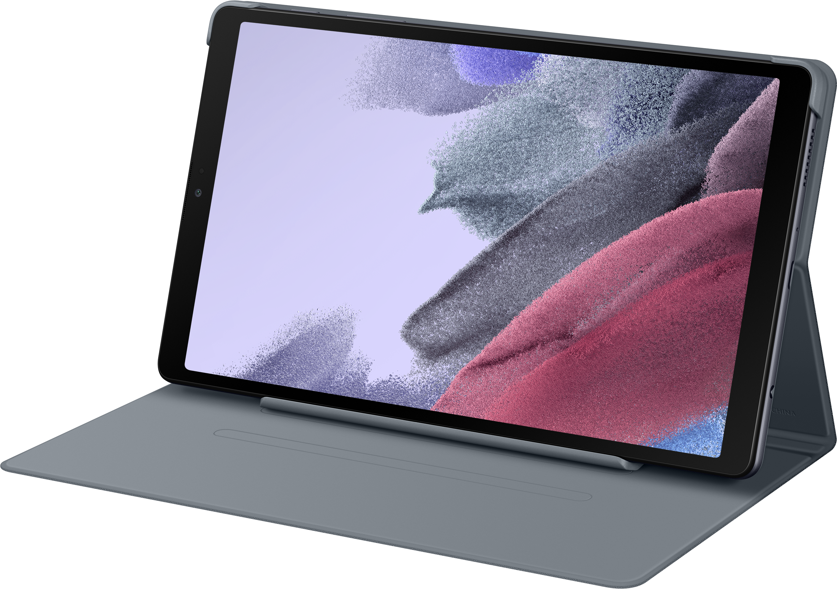 Tablette sur un étui gris, avec un écran affichant une image abstraite violette et bleue.