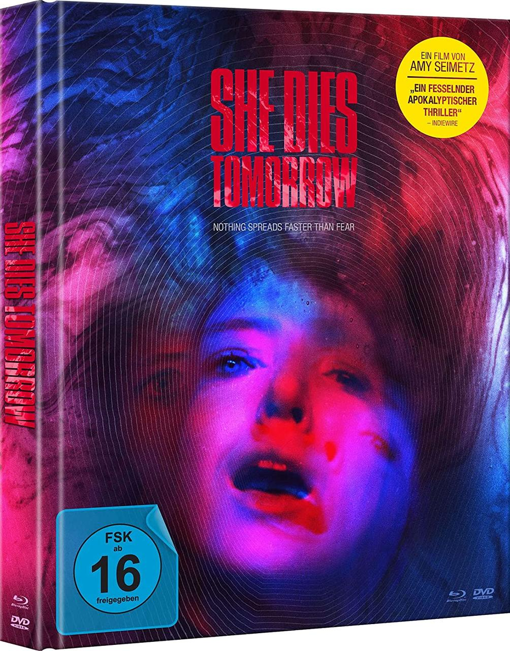 Filmcover: Gesicht einer Frau mit ängstlichem Ausdruck, umgeben von wirbelnden Linien. Titel: She Dies Tomorrow.