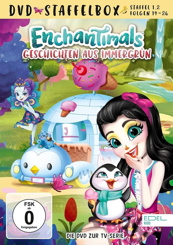DVD-Cover mit Enchantimals-Charakteren. Titel: Enchantimals, Geschichten aus Immergrün. Kinder-Altersfreigabe.