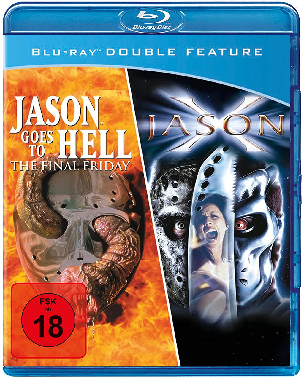 Filmcover für Jason Goes to Hell und Jason X. Zwei Filmcover auf derselben Blu-ray-Hülle.