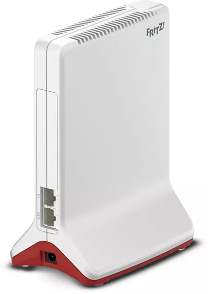 Weiß-roter Router mit Lüftungsschlitzen, schräge Ansicht. Zwei Ethernet-Anschlüsse vorne sichtbar.