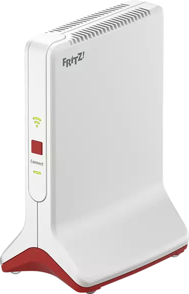 Ein weißer und roter FritZ!-Router mit einer grünen Kontrollleuchte und einer Connect-Taste.