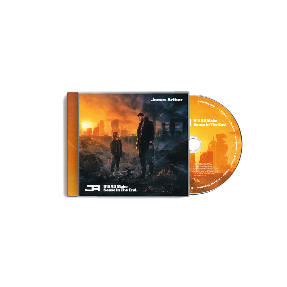 James Arthur Albumcover: Mann und Kind stehen in zerstörter Stadt, Sonnenuntergang im Hintergrund, CD-Hülle.