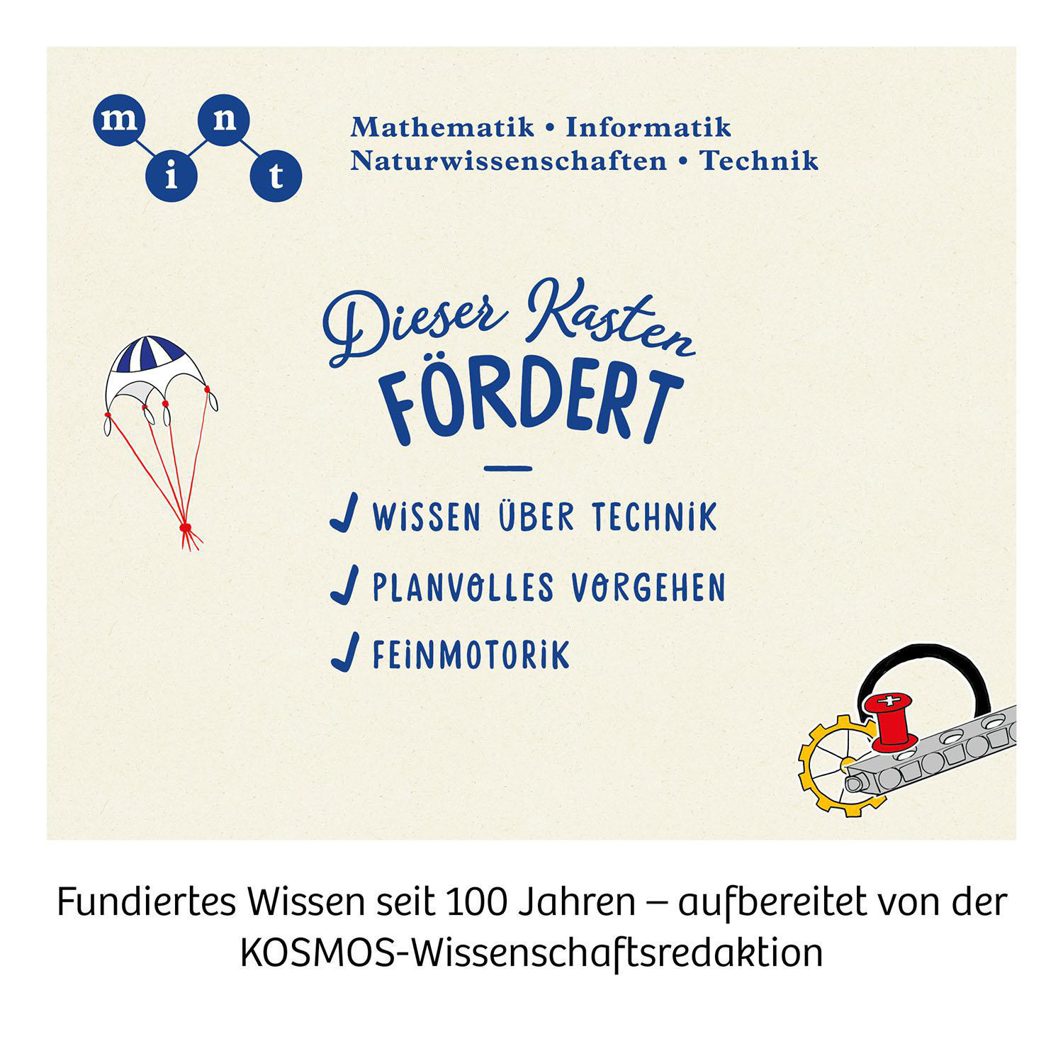 Lehrreiches Poster, das Wissenschaft und Technik fördert, mit einer Fallschirm- und Getriebeillustration.