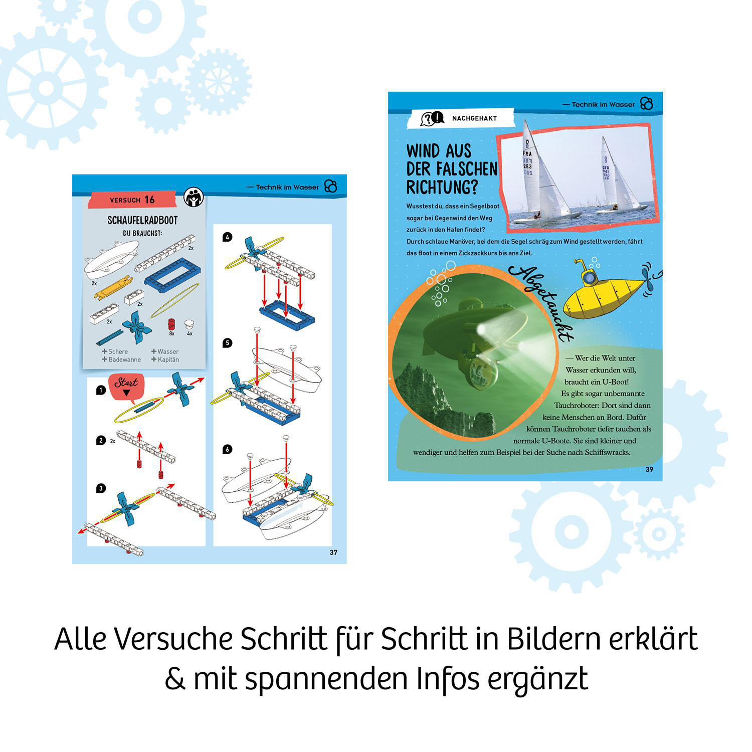 Diagramme und Bilder aus einem Buch, das den Bau eines Spielzeugbootes und anderer Unterwassertechnologie zeigt.