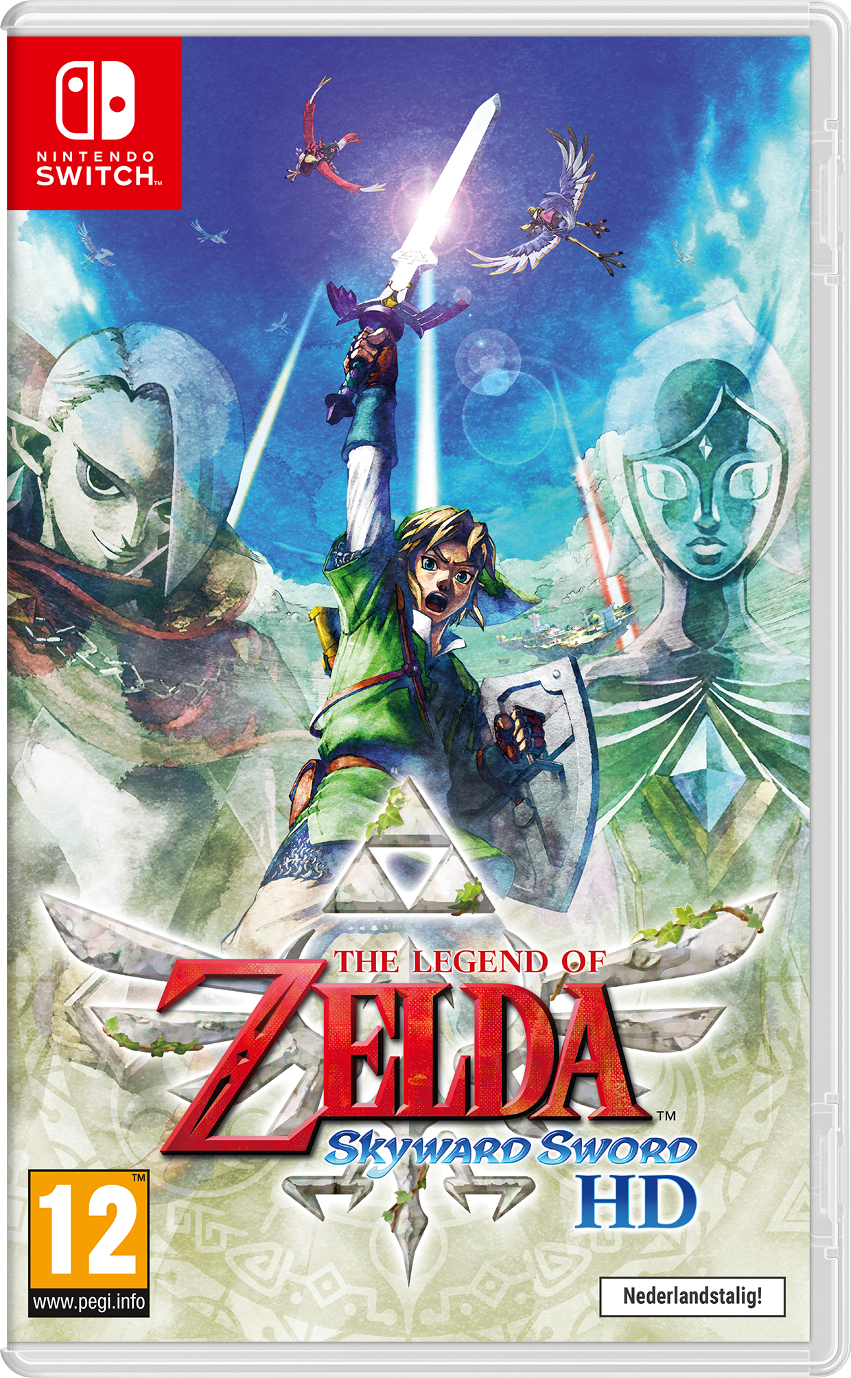 De gamecase van The Legend of Zelda: Skyward Sword HD toont Link met een zwaard en een blauwe lucht.