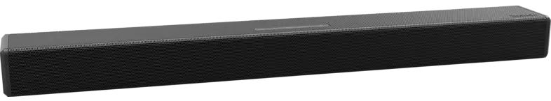 Zwarte soundbar-luidspreker. Rechthoekige vorm met een mesh voorkant.