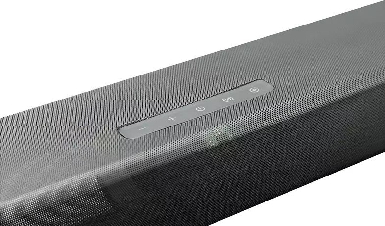 Zwarte soundbar met aan/uit- en volumeknoppen, een mesh-ontwerp.