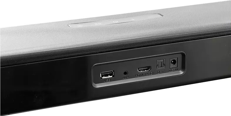 Zwarte soundbar met USB, AUX, HDMI, optische en DC IN-aansluitingen.