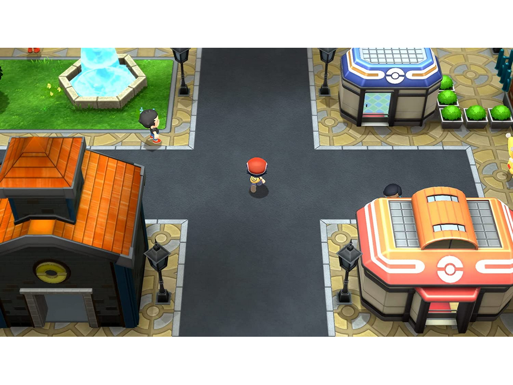 Una calle en un videojuego con edificios, un personaje y una fuente.