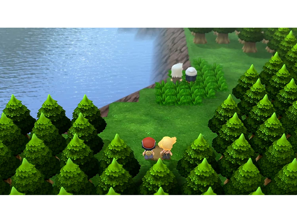 Dos personajes en un videojuego, cerca de un bosque y agua.