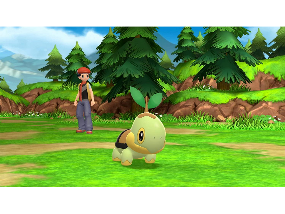 Una escena de un juego de Pokémon con un entrenador y un Turtwig en un área con árboles.