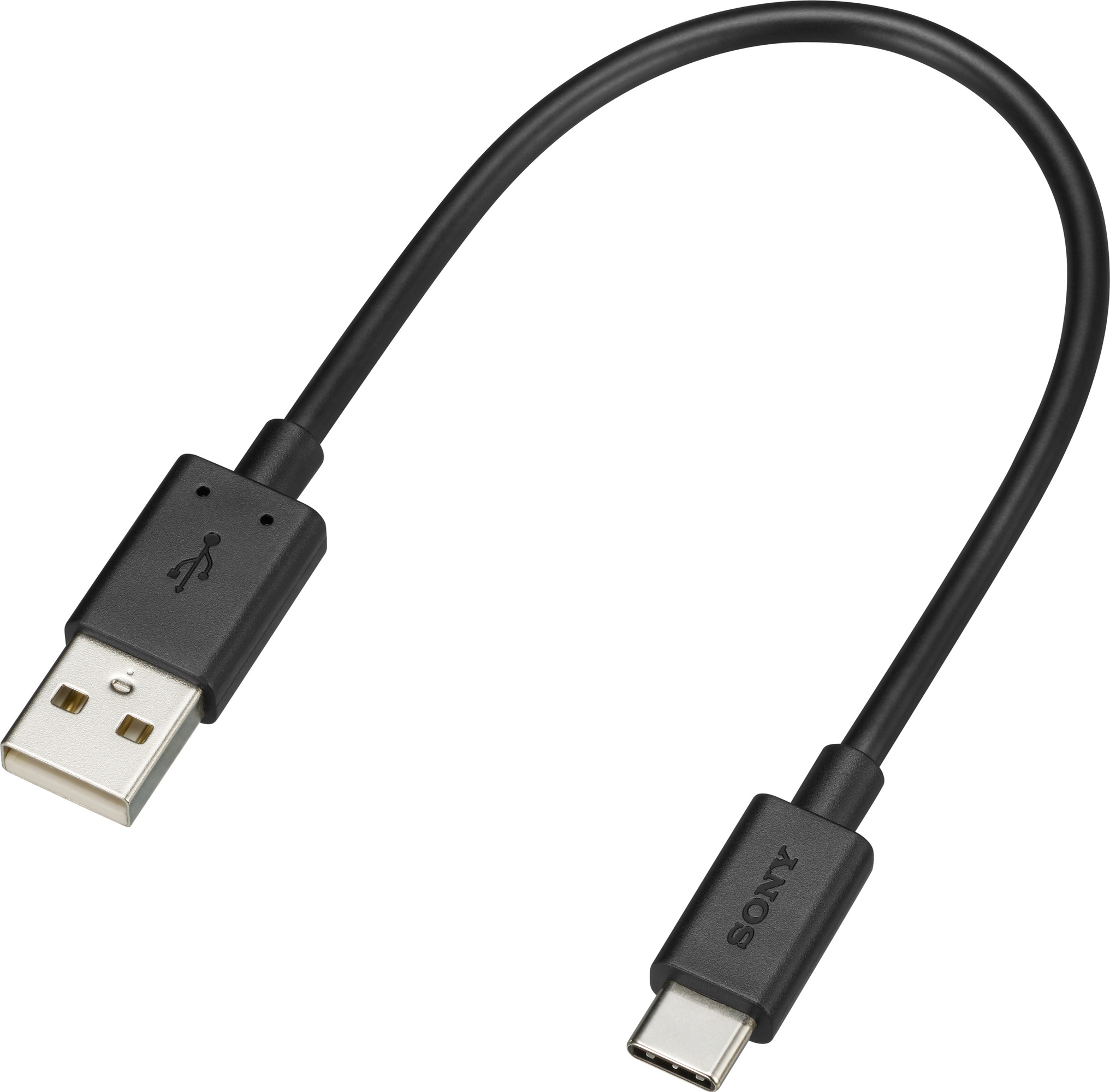 Un câble noir USB vers USB-C, sur fond blanc, avec les connecteurs visibles.