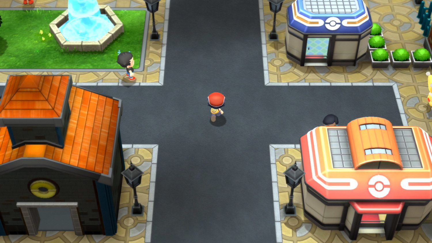 Pokemon-gamescene, personage dat in een dorpsplein met gebouwen loopt.