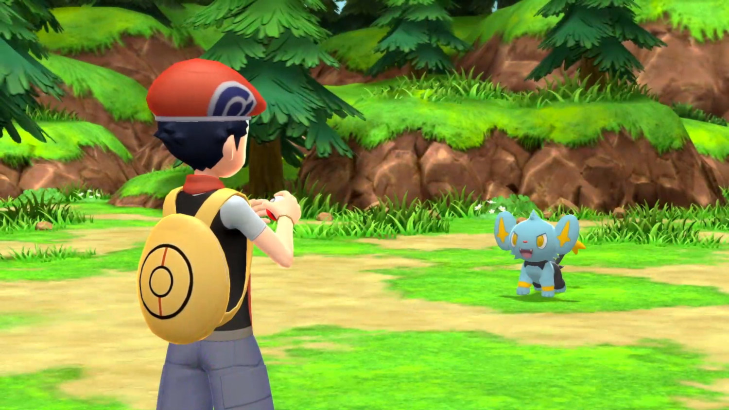 Een trainer staat tegenover een Shinx Pokémon in een bos. Groen gras en bomen omringen hen.