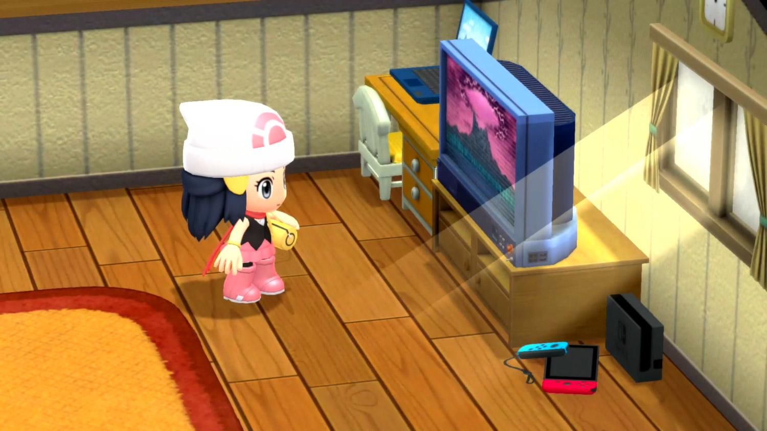 Een tekenfilmfiguur staat in een kamer met een tv en een gameconsole.