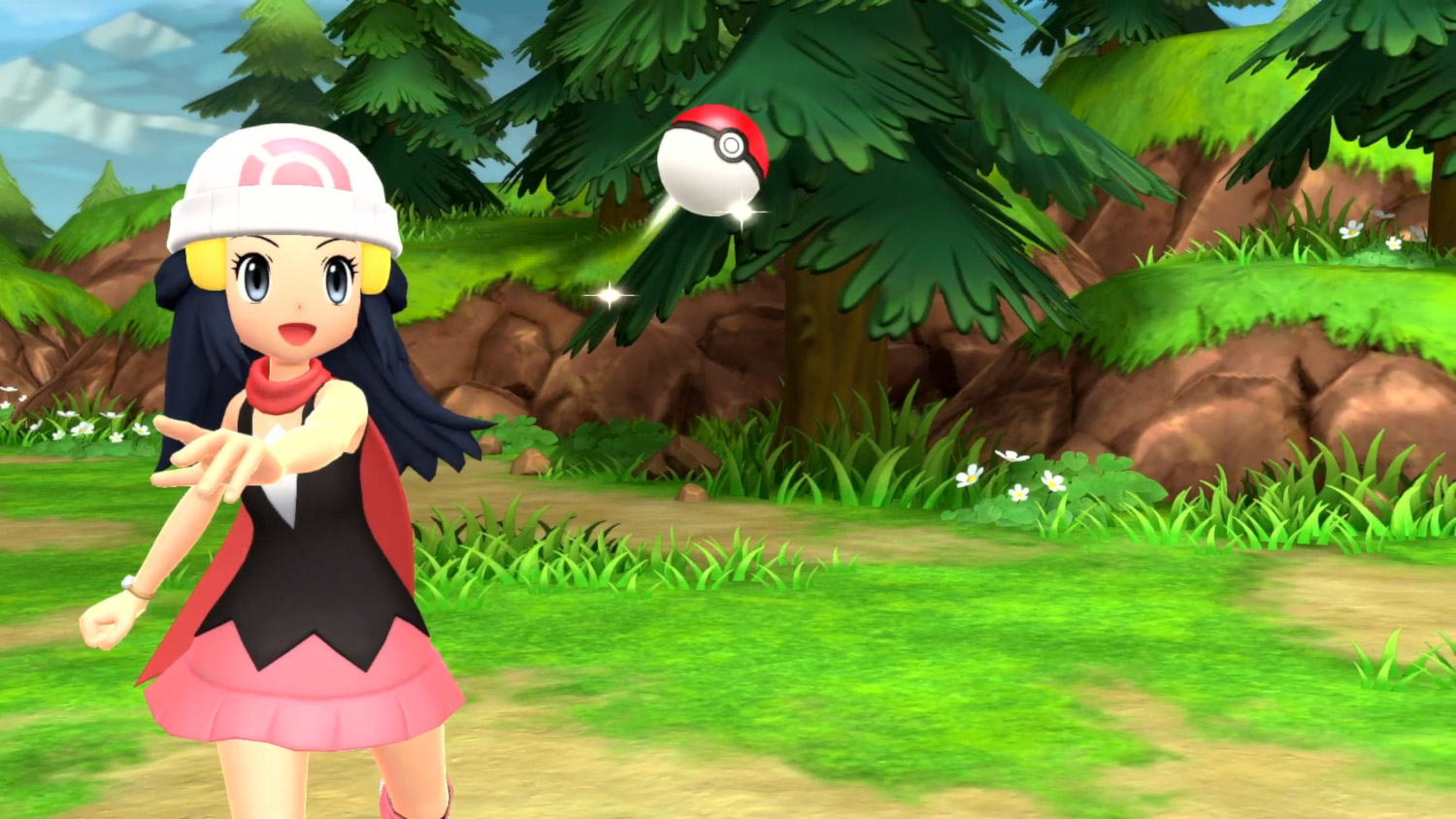 Anime meisje in een bos, gooit een Pokébal. Een rode en witte bal in de lucht.
