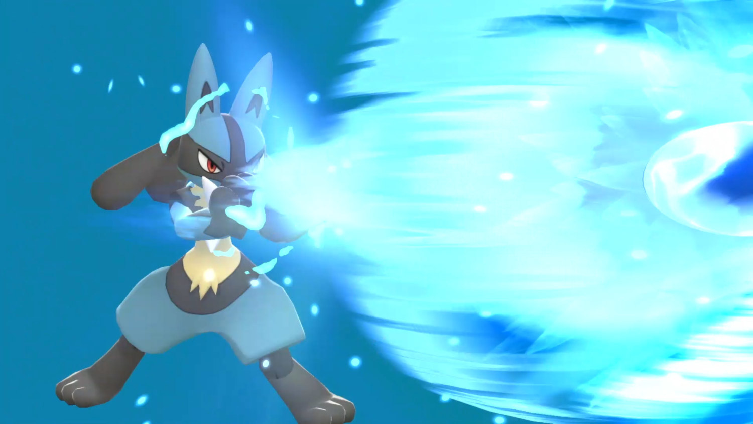 Lucario, een blauwe Pokemon, gebruikt een blauwe energie-explosie in een blauwe setting.