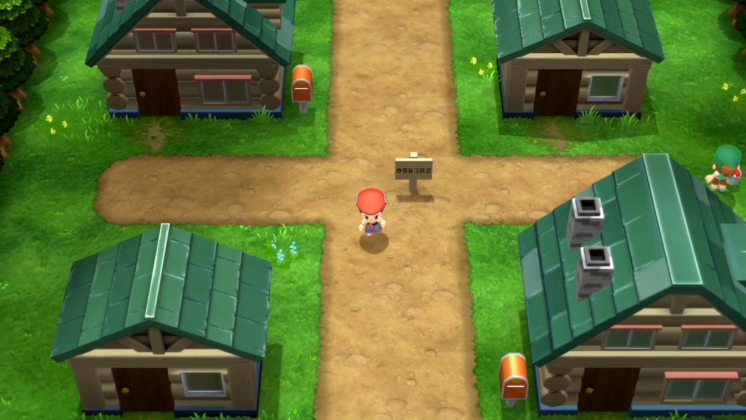 Een videogame-scène van een stad met huizen en een speler op een onverharde weg.
