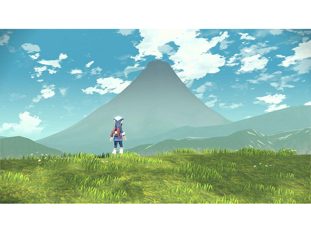 Un avatar en una escena de montaña. Una gran montaña en el fondo. Cielo nublado.