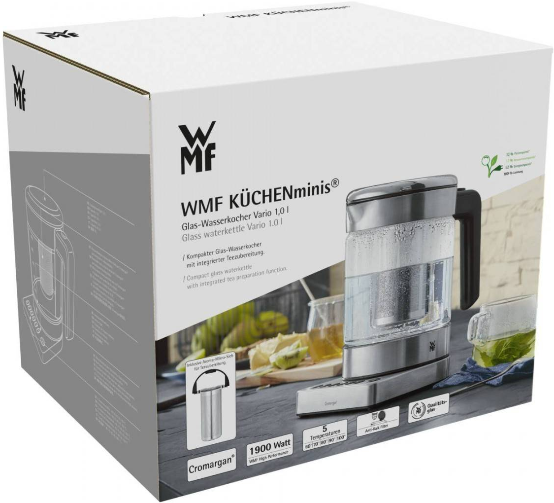 Karton mit einem Glas-Wasserkocher. Text auf der Box lautet WMF KÜCHENminis, 1,0 l.