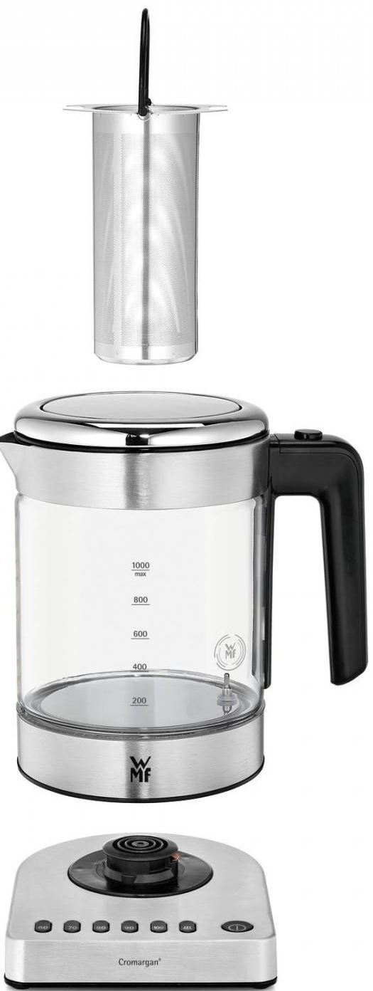 Ein Wasserkocher mit Metalleinsatz und einer Basis mit Steuertasten.