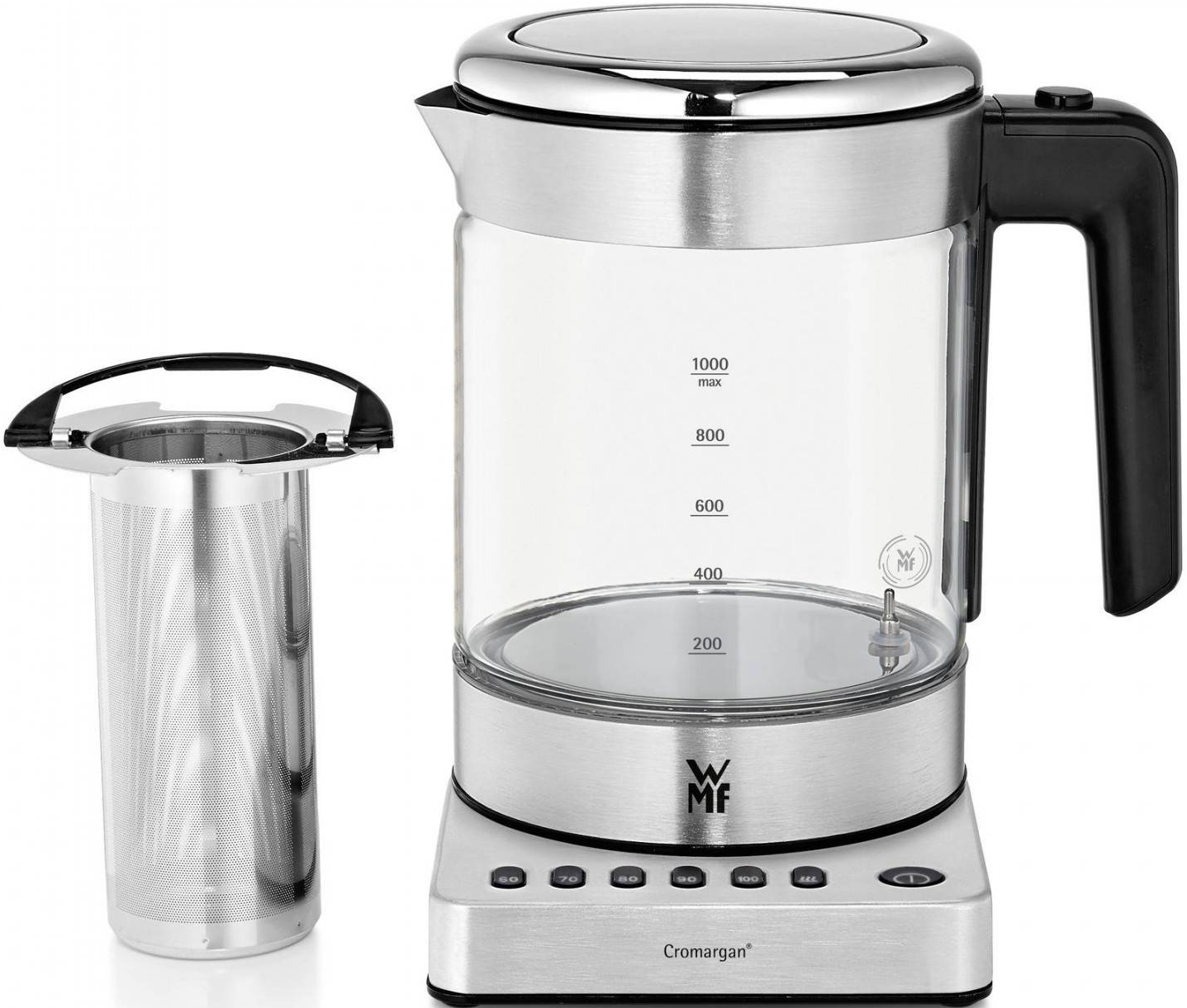 Ein elektrischer Glaskessel mit Edelstahlfuß und separatem Tee-Infuser.